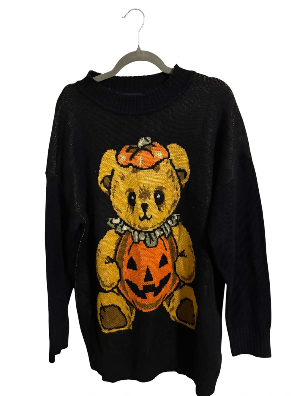 Trickz N Treatz Teddy Bear Jack O Lantern Black Sweater Medium/Large